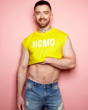 HOMO white on yellow - mens sleeveless crop top.