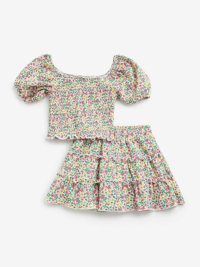 HOP Kids Yellow Floral Printed Top and Skirt Set