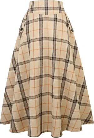 IDEALSANXUN Womens Plaid Skirts Fall Winter High Waisted A Line Long Pleated Maxi Skirt with Pockets