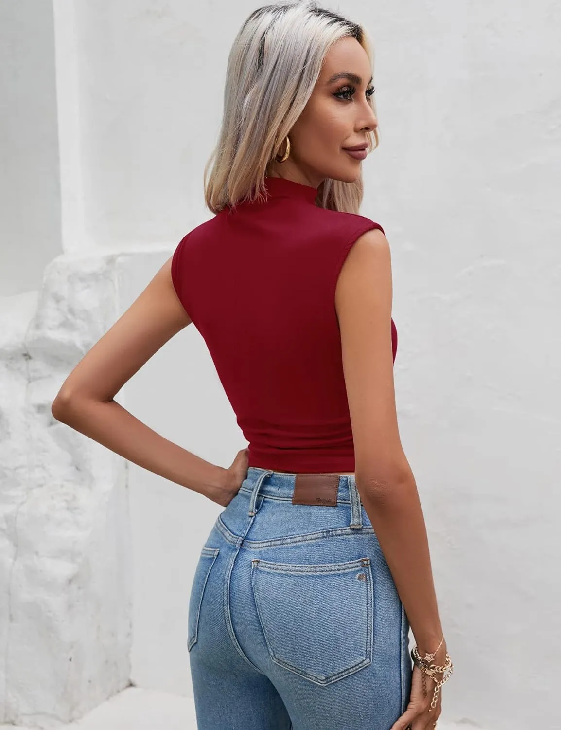 IECCP Women's Sexy Mock Neck Sleeveless Crop Tank Tops Summer Trendy Side Ruched Blouse