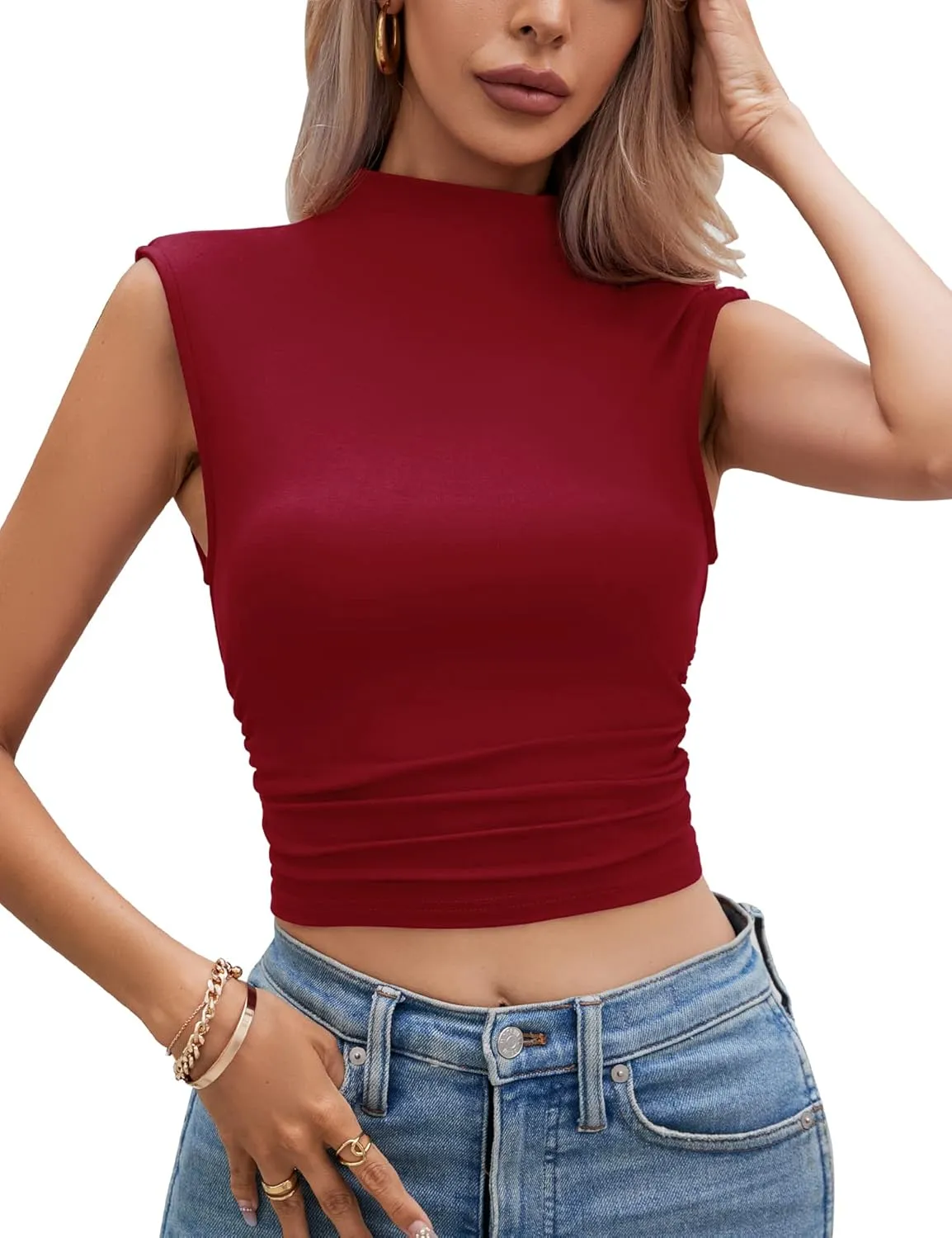 IECCP Women's Sexy Mock Neck Sleeveless Crop Tank Tops Summer Trendy Side Ruched Blouse