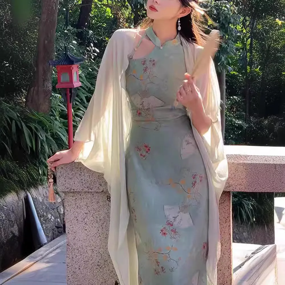 IKERRLAX New [Picture Middle Travel] New Chinese Style Improved Cheongsam Women's Spring Retro Printed Halter Dress