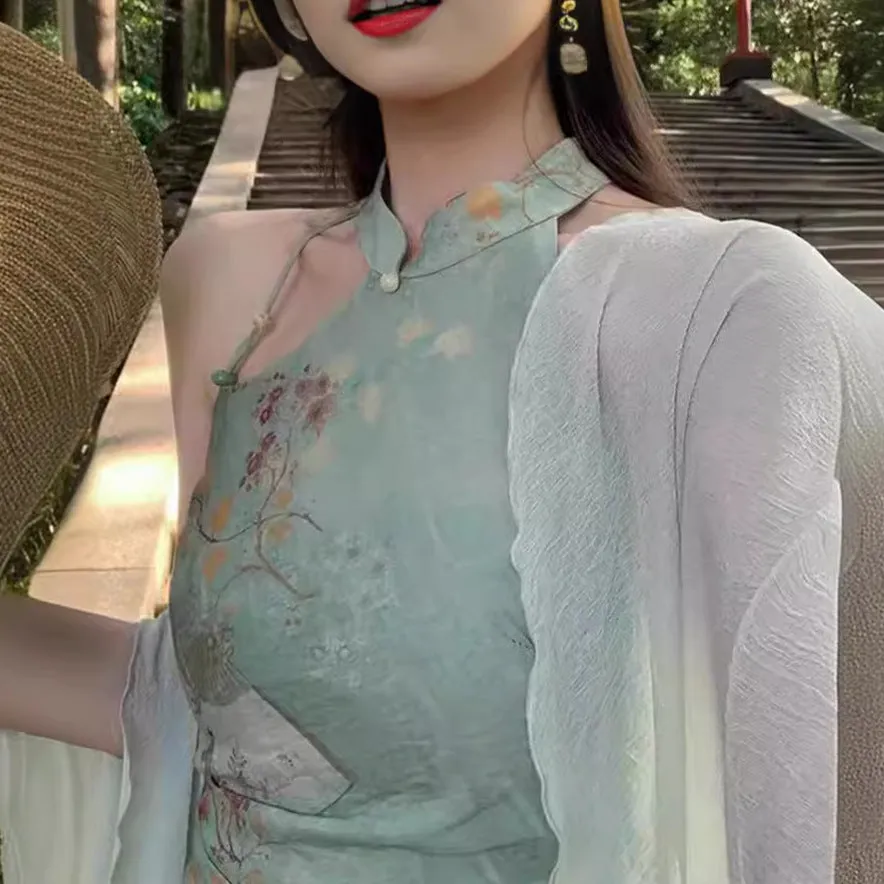 IKERRLAX New [Picture Middle Travel] New Chinese Style Improved Cheongsam Women's Spring Retro Printed Halter Dress