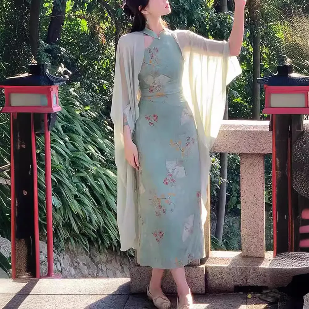 IKERRLAX New [Picture Middle Travel] New Chinese Style Improved Cheongsam Women's Spring Retro Printed Halter Dress