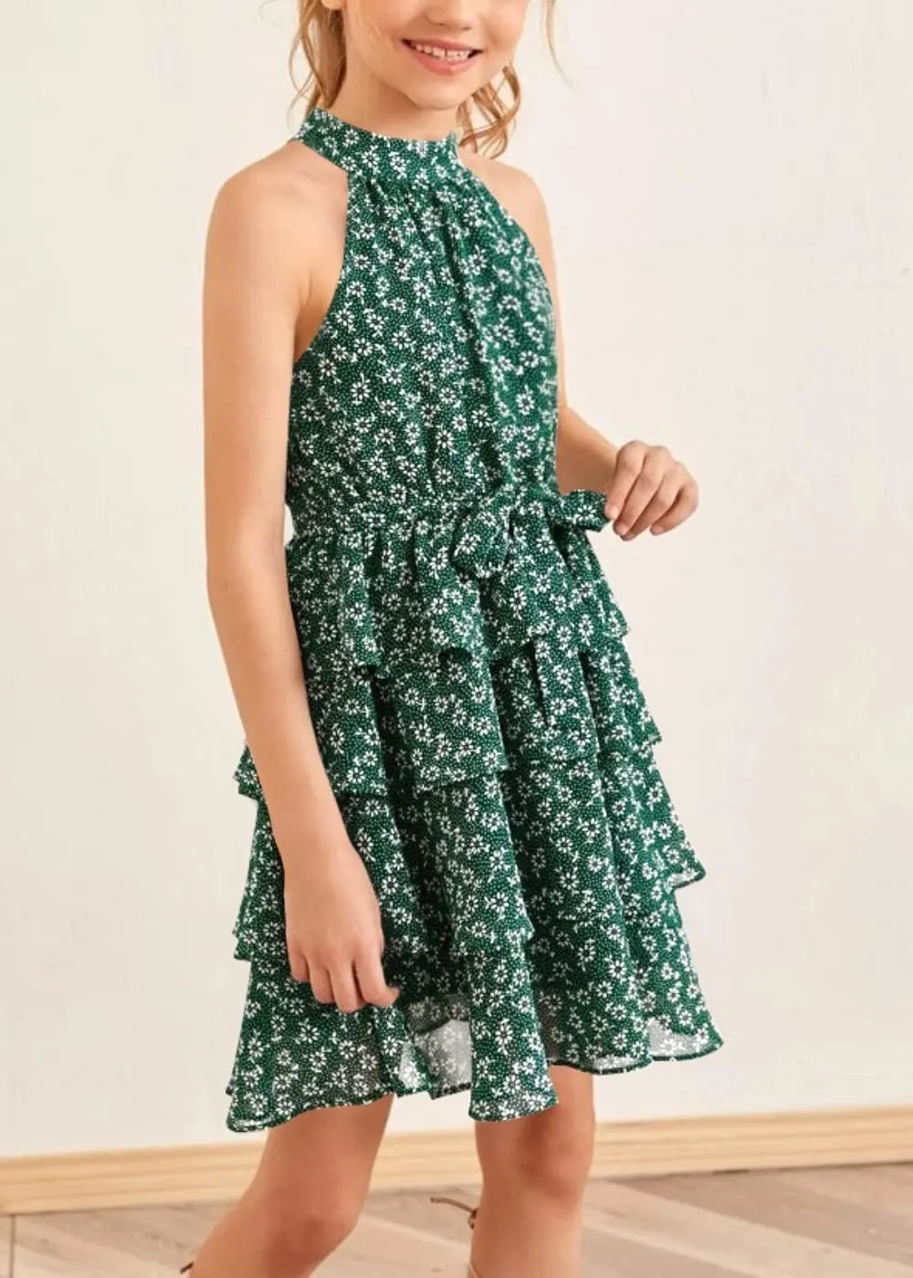 Imily Bela Girls Floral Ruffle Dress Halter Neck Kids Chiffon Summer Party Dress with Belt
