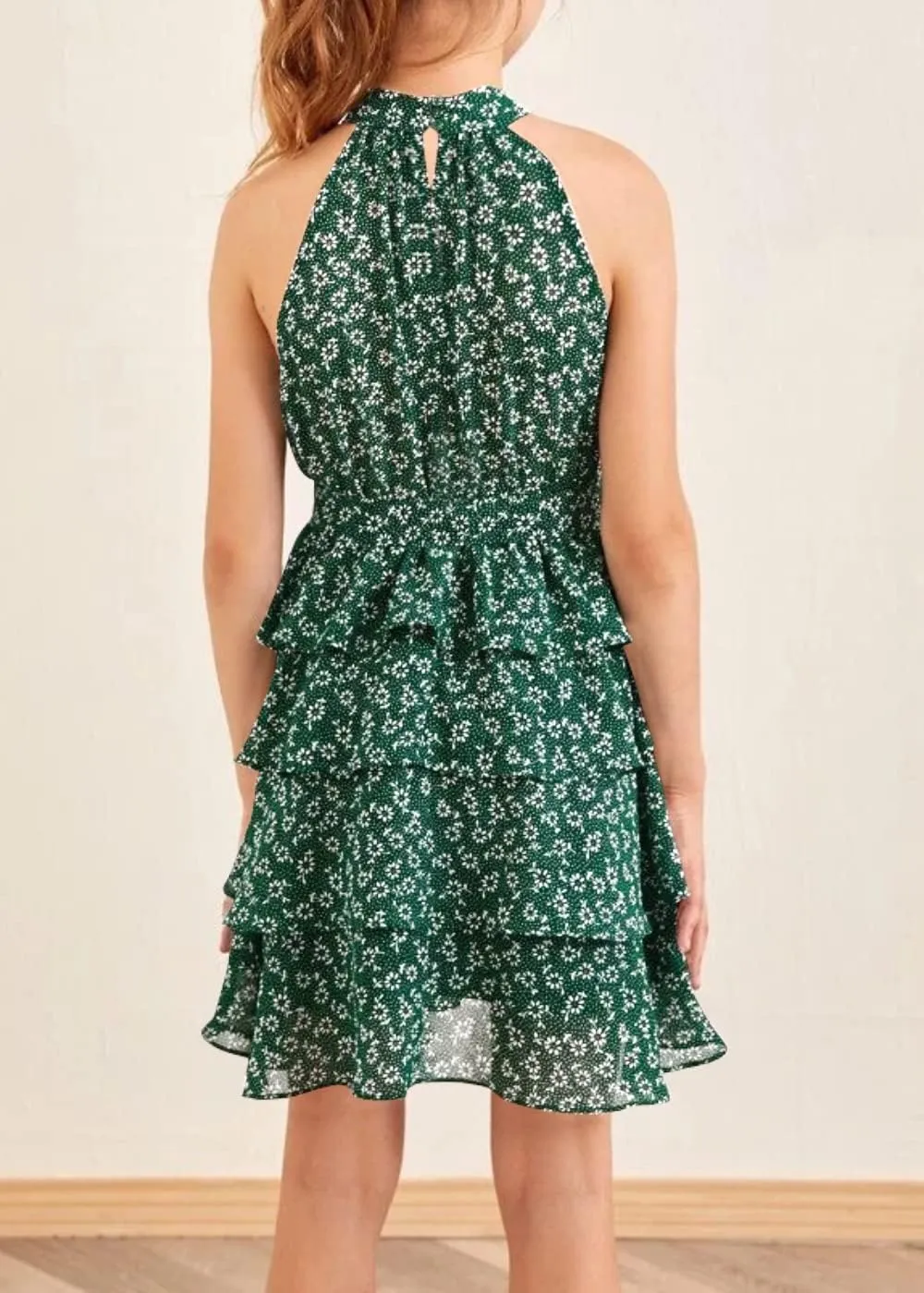 Imily Bela Girls Floral Ruffle Dress Halter Neck Kids Chiffon Summer Party Dress with Belt