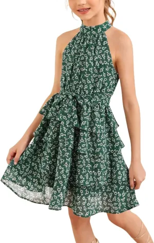 Imily Bela Girls Floral Ruffle Dress Halter Neck Kids Chiffon Summer Party Dress with Belt