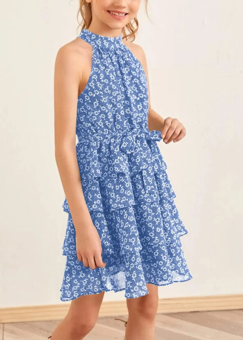 Imily Bela Girls Floral Ruffle Dress Halter Neck Kids Chiffon Summer Party Dress with Belt