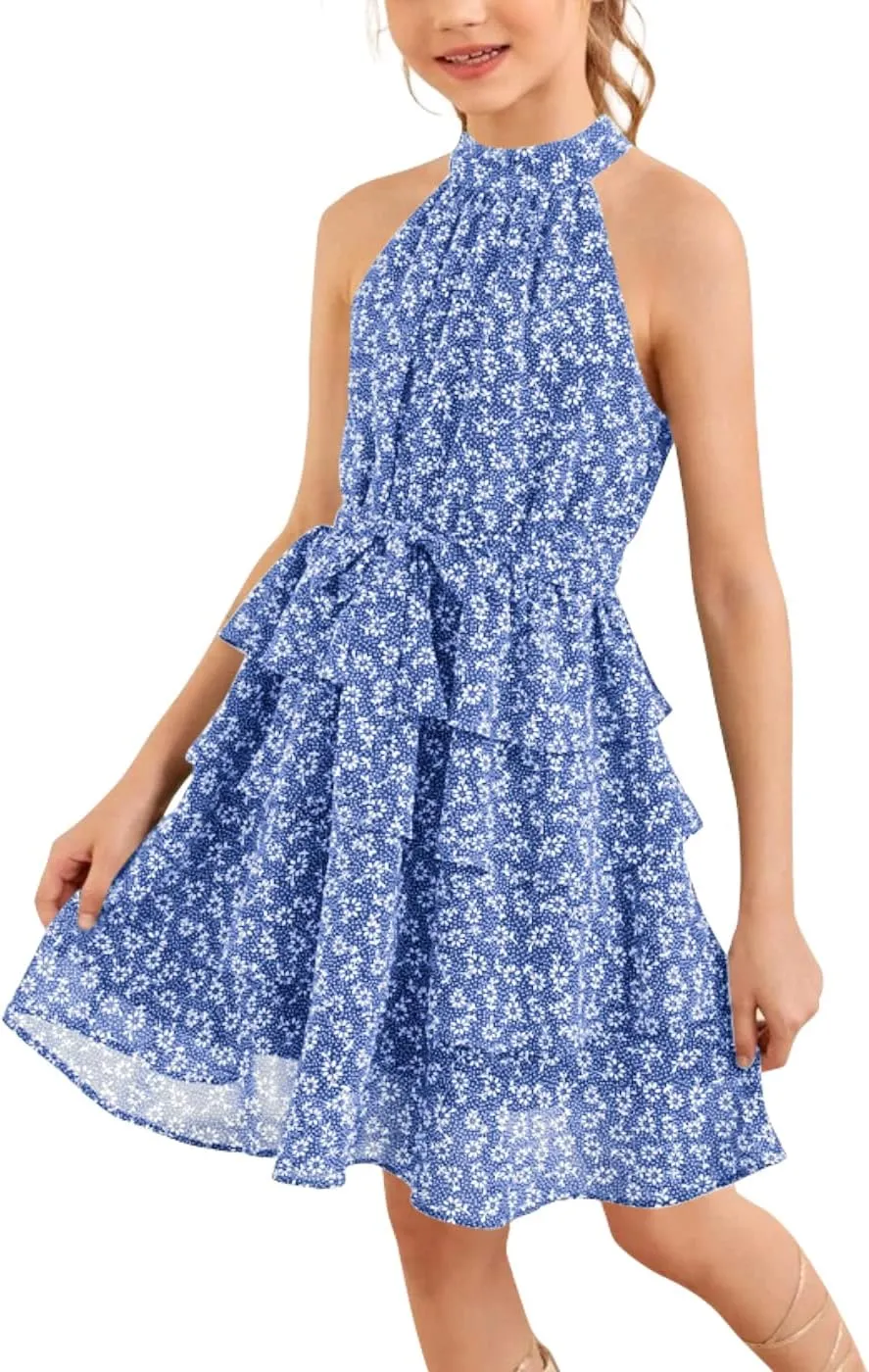 Imily Bela Girls Floral Ruffle Dress Halter Neck Kids Chiffon Summer Party Dress with Belt