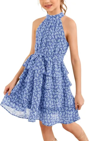 Imily Bela Girls Floral Ruffle Dress Halter Neck Kids Chiffon Summer Party Dress with Belt