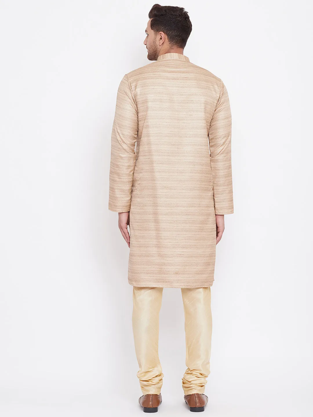 Jashvi Men's Beige And Gold Silk Blend Kurta Pyjama Set