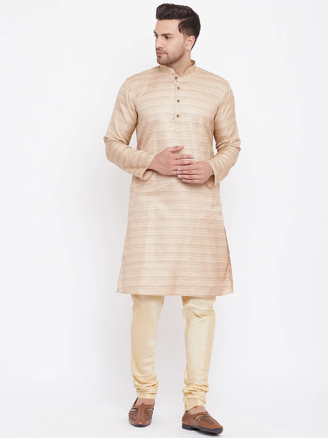 Jashvi Men's Beige And Gold Silk Blend Kurta Pyjama Set