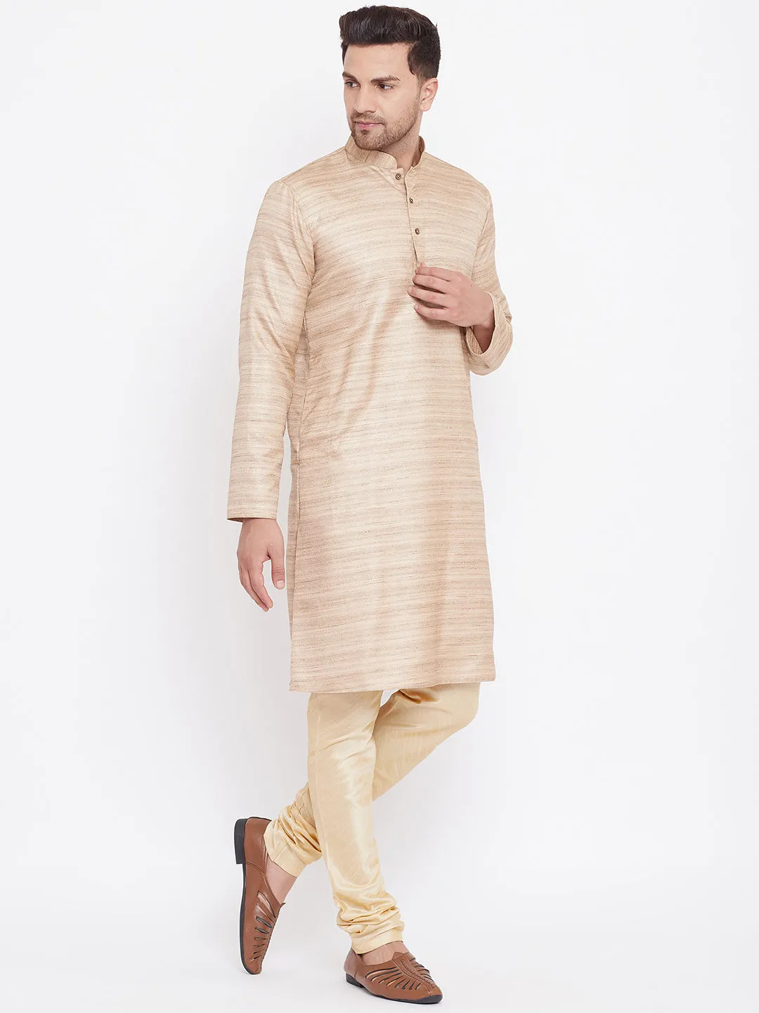 Jashvi Men's Beige And Gold Silk Blend Kurta Pyjama Set