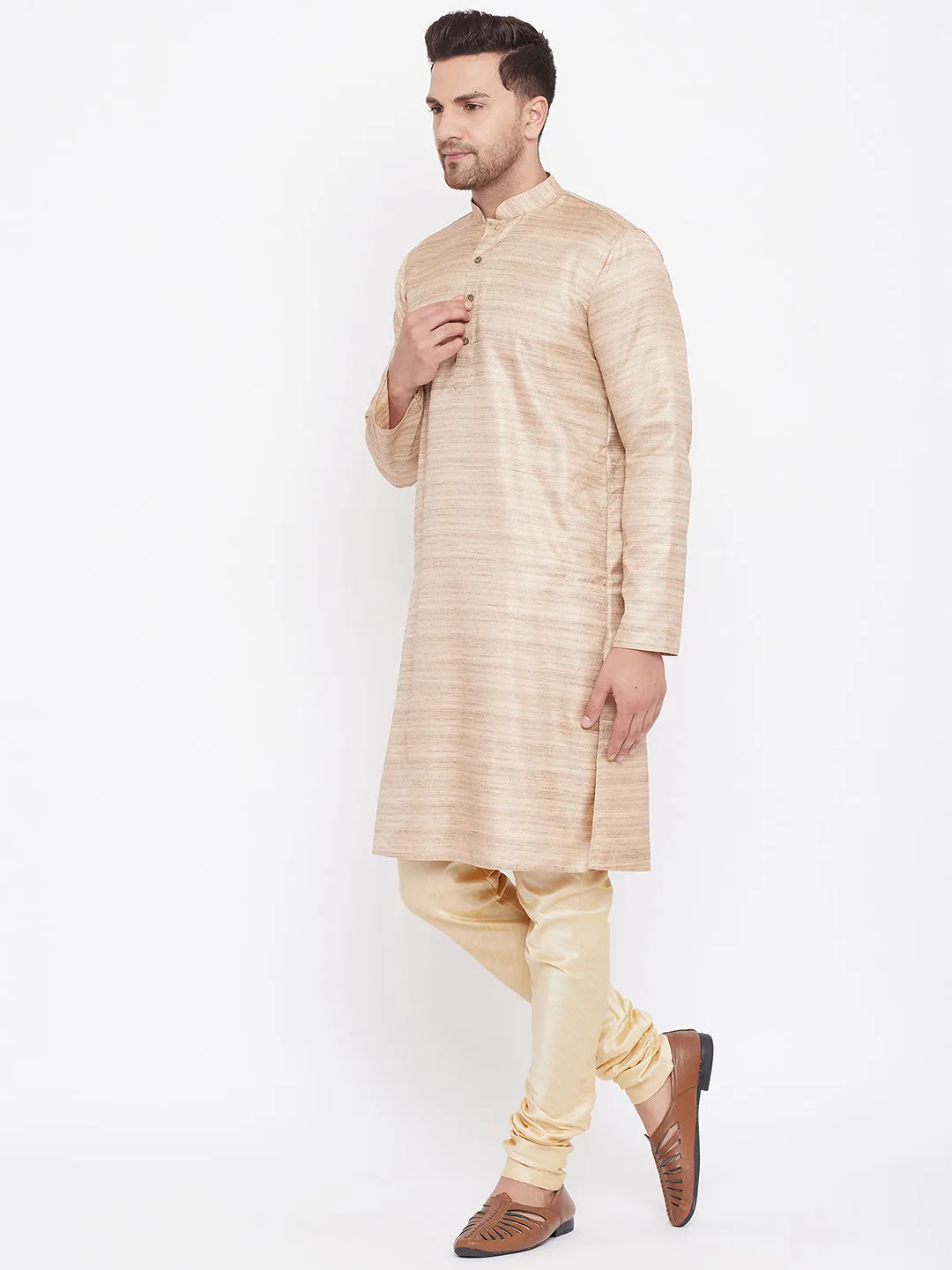 Jashvi Men's Beige And Gold Silk Blend Kurta Pyjama Set