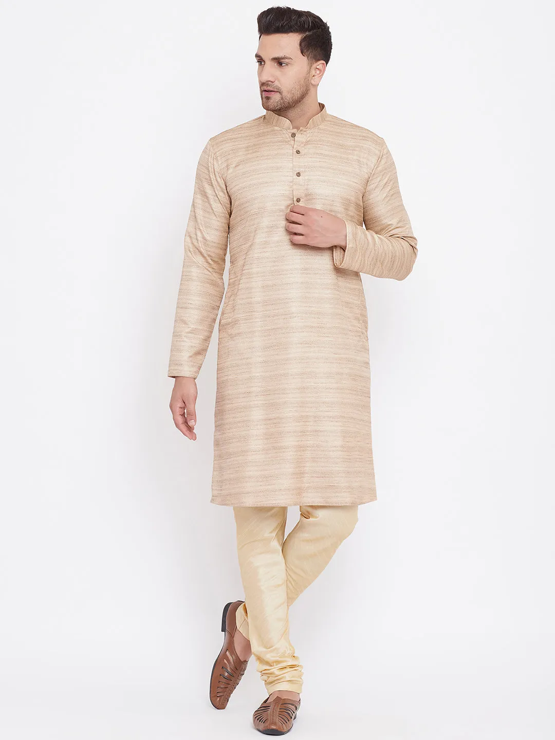 Jashvi Men's Beige And Gold Silk Blend Kurta Pyjama Set