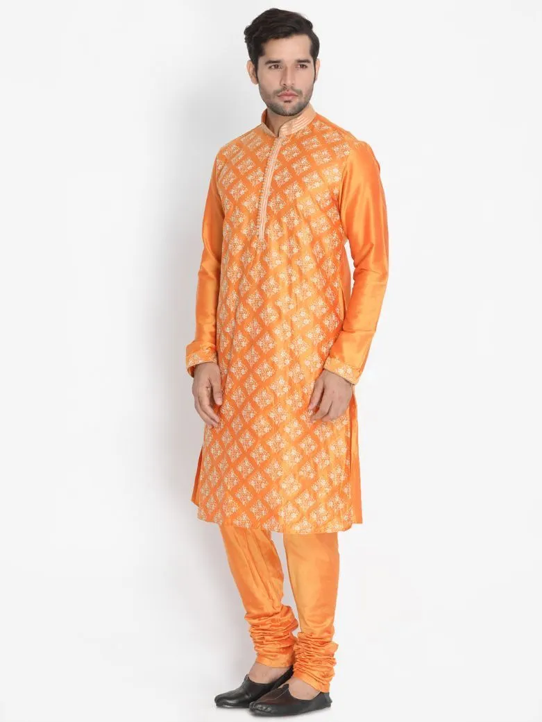 Jashvi Men's Orange Cotton Silk Blend Kurta and Churidar Set