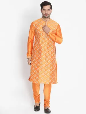 Jashvi Men's Orange Cotton Silk Blend Kurta and Churidar Set