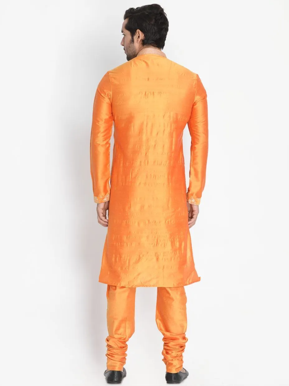 Jashvi Men's Orange Cotton Silk Blend Kurta and Churidar Set