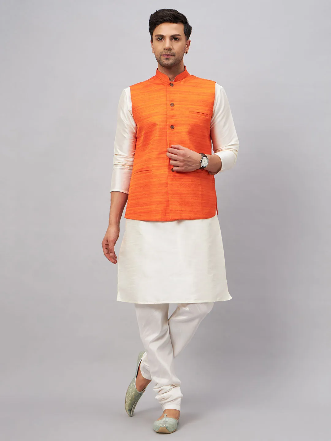 Jashvi Men's Orange Matka Silk Nehru Jacket With Cream Silk Blend Kurta Pyjama Set