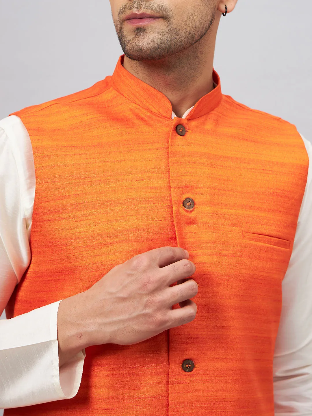 Jashvi Men's Orange Matka Silk Nehru Jacket With Cream Silk Blend Kurta Pyjama Set