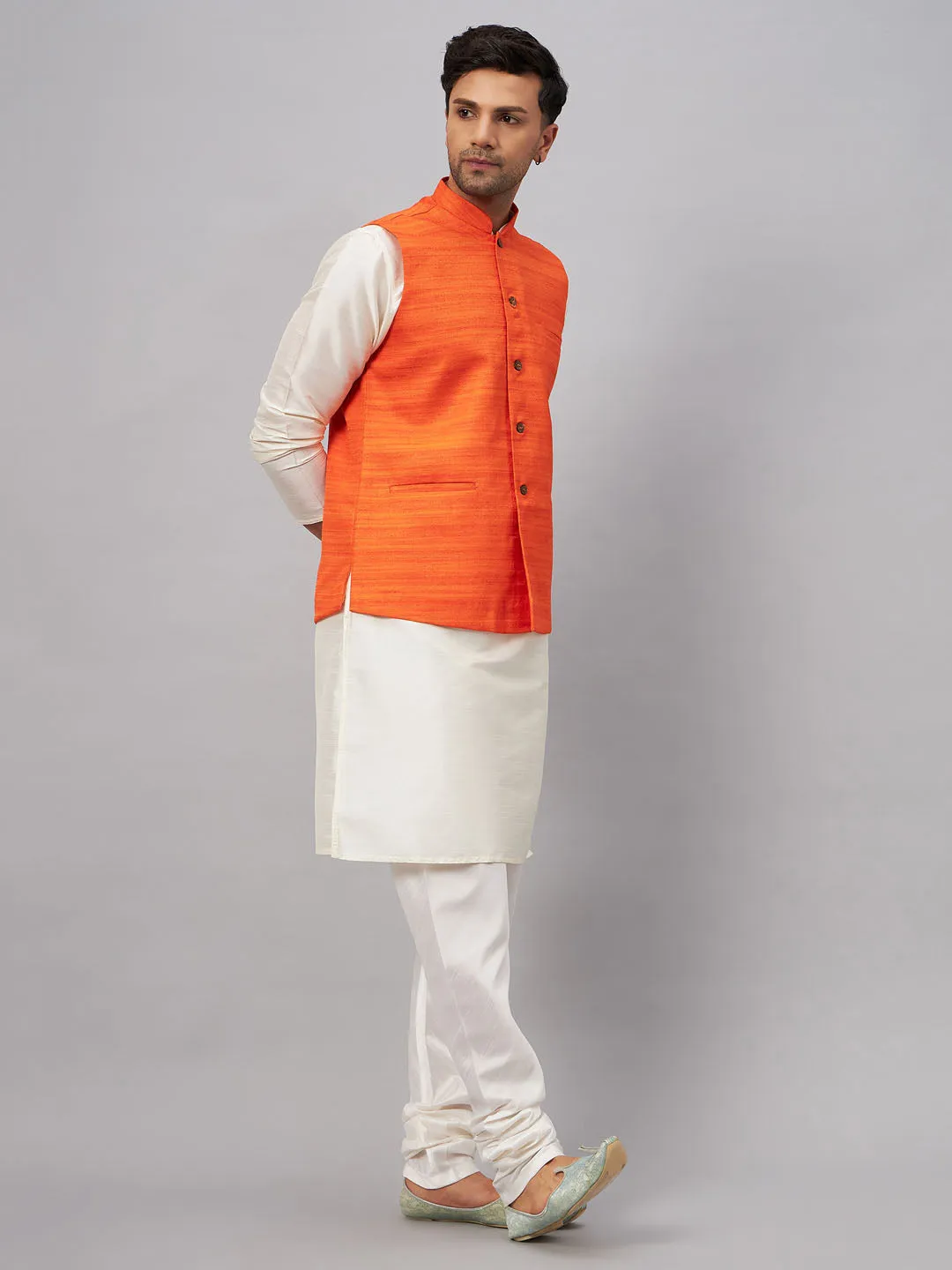 Jashvi Men's Orange Matka Silk Nehru Jacket With Cream Silk Blend Kurta Pyjama Set