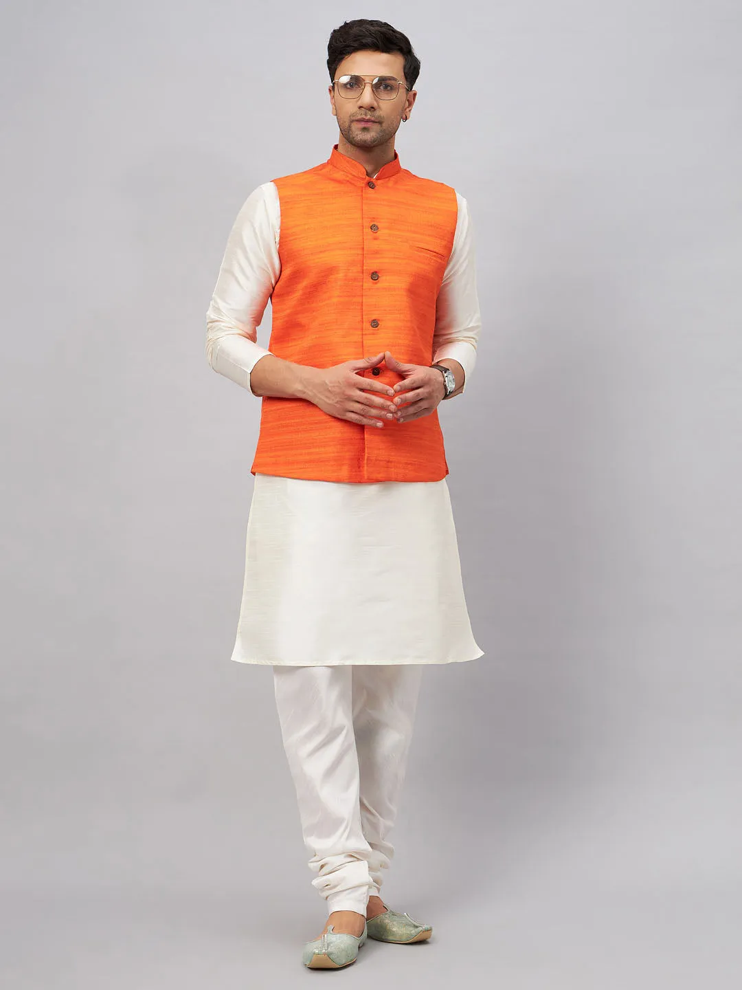 Jashvi Men's Orange Matka Silk Nehru Jacket With Cream Silk Blend Kurta Pyjama Set