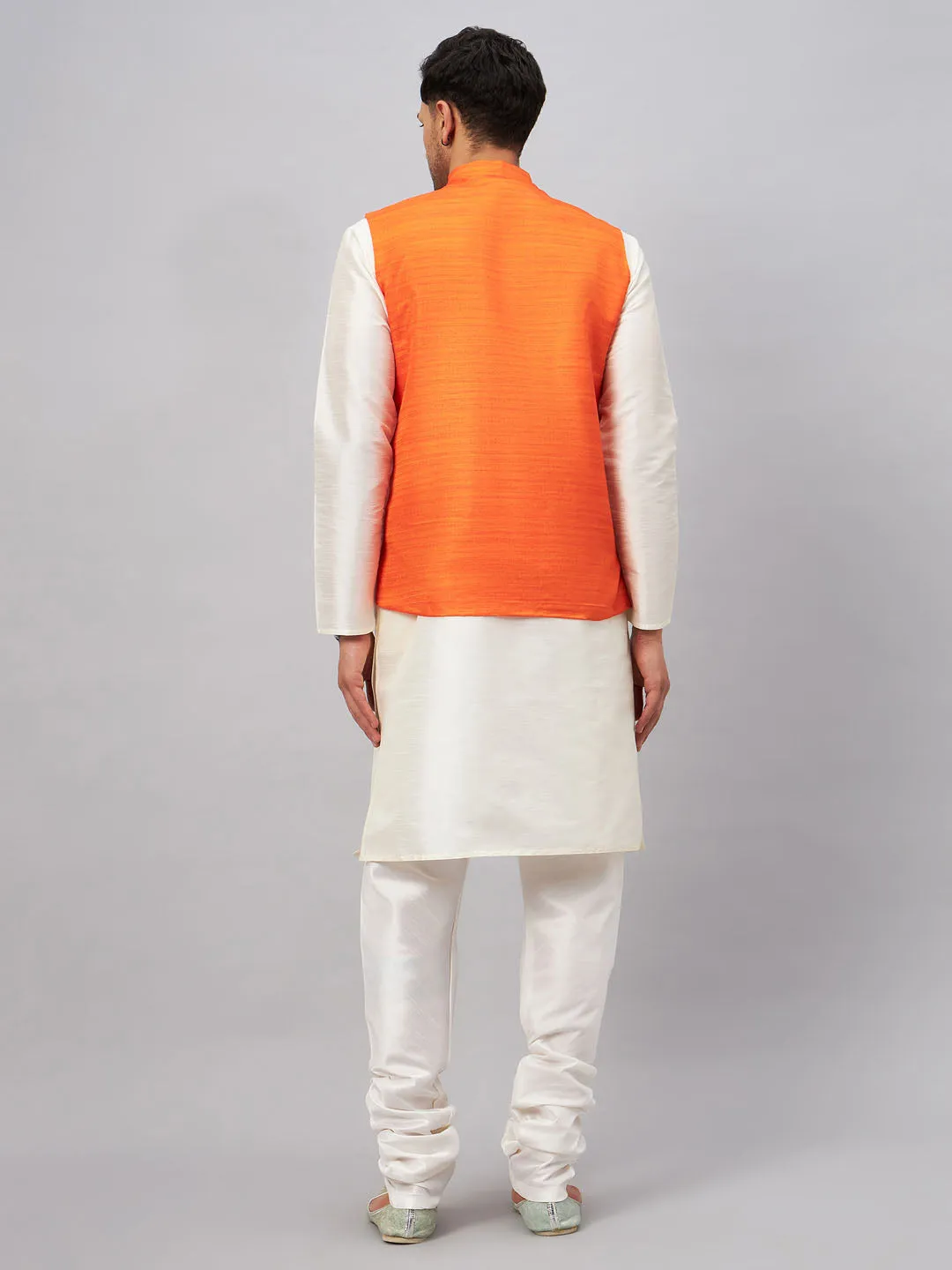 Jashvi Men's Orange Matka Silk Nehru Jacket With Cream Silk Blend Kurta Pyjama Set