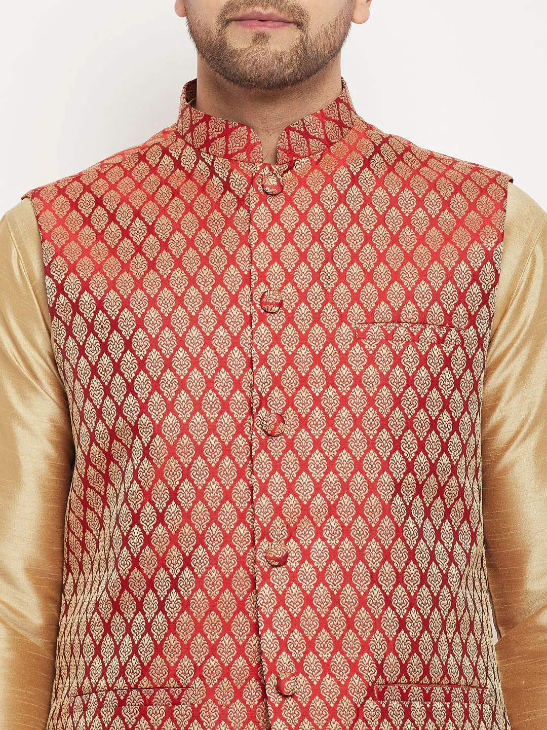 Jashvi Men's Rose Gold Silk Blend Kurta And Pant Style Pyjama With Maroon Woven Nehru Jacket