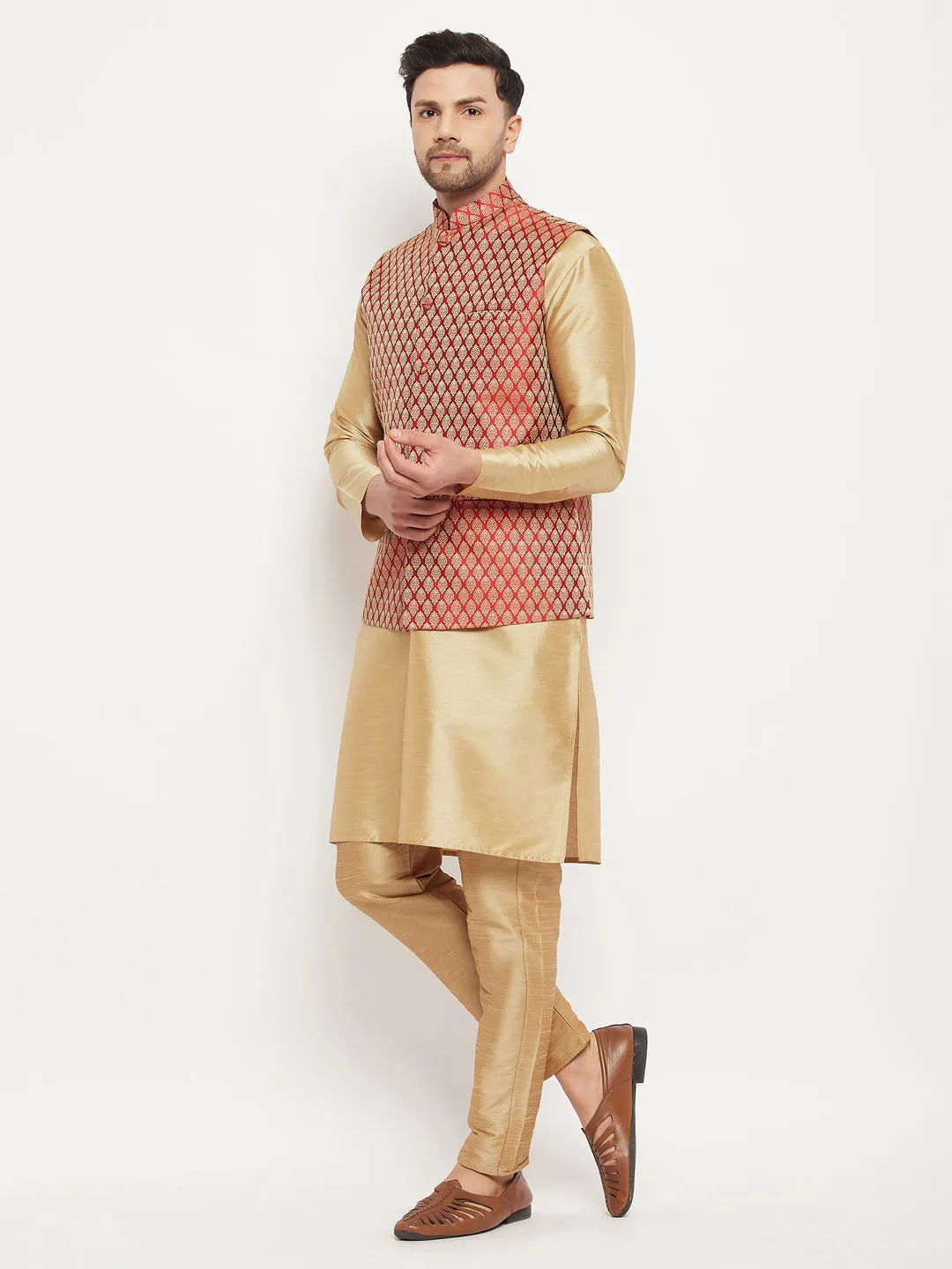 Jashvi Men's Rose Gold Silk Blend Kurta And Pant Style Pyjama With Maroon Woven Nehru Jacket