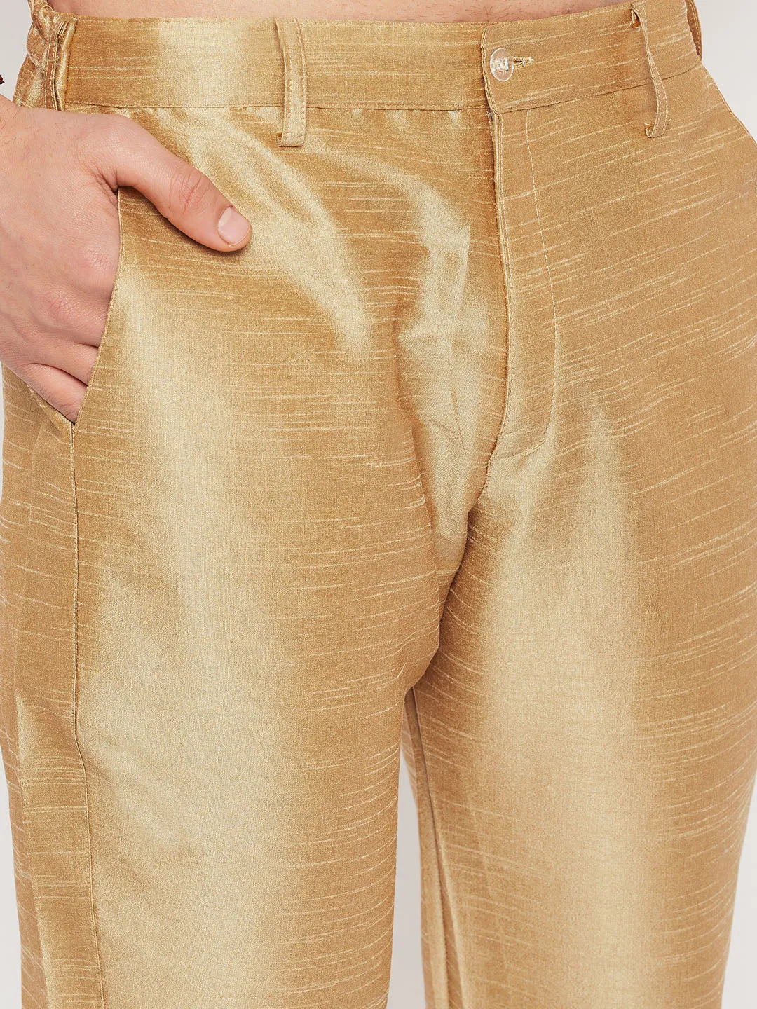 Jashvi Men's Rose Gold Silk Blend Kurta And Pant Style Pyjama With Maroon Woven Nehru Jacket