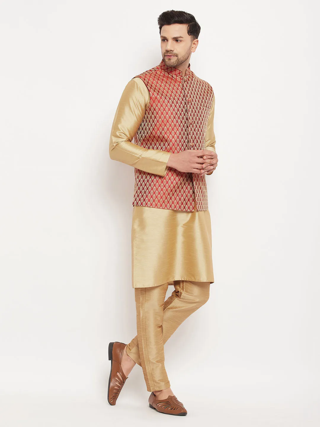 Jashvi Men's Rose Gold Silk Blend Kurta And Pant Style Pyjama With Maroon Woven Nehru Jacket