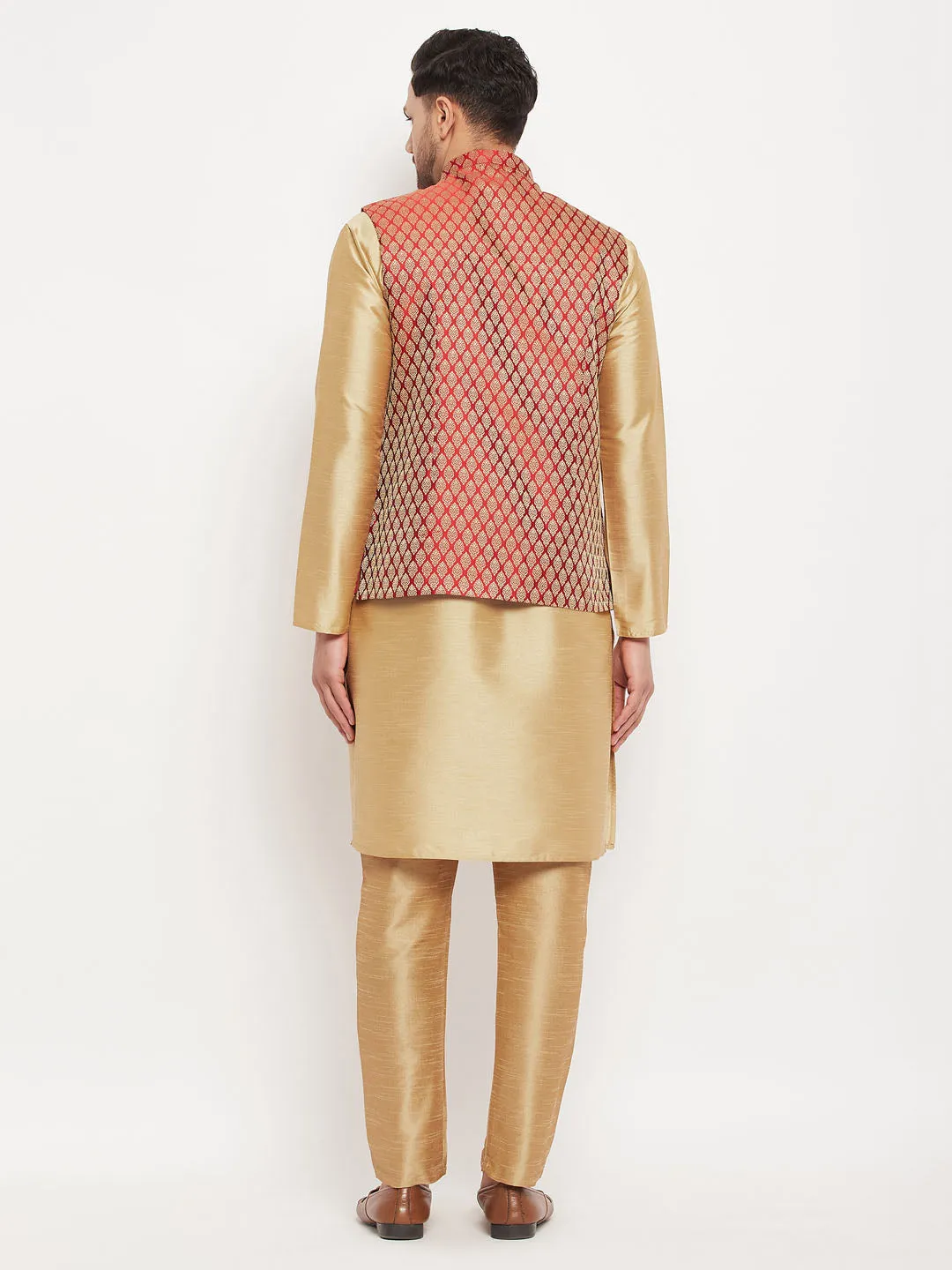 Jashvi Men's Rose Gold Silk Blend Kurta And Pant Style Pyjama With Maroon Woven Nehru Jacket