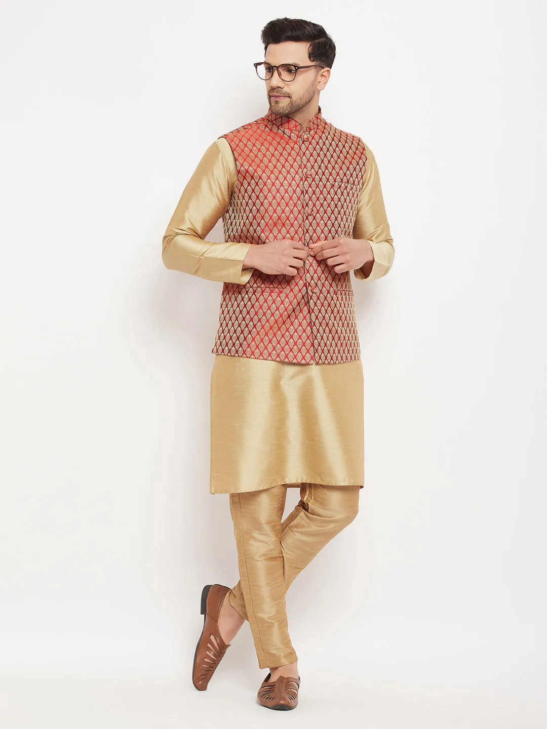 Jashvi Men's Rose Gold Silk Blend Kurta And Pant Style Pyjama With Maroon Woven Nehru Jacket