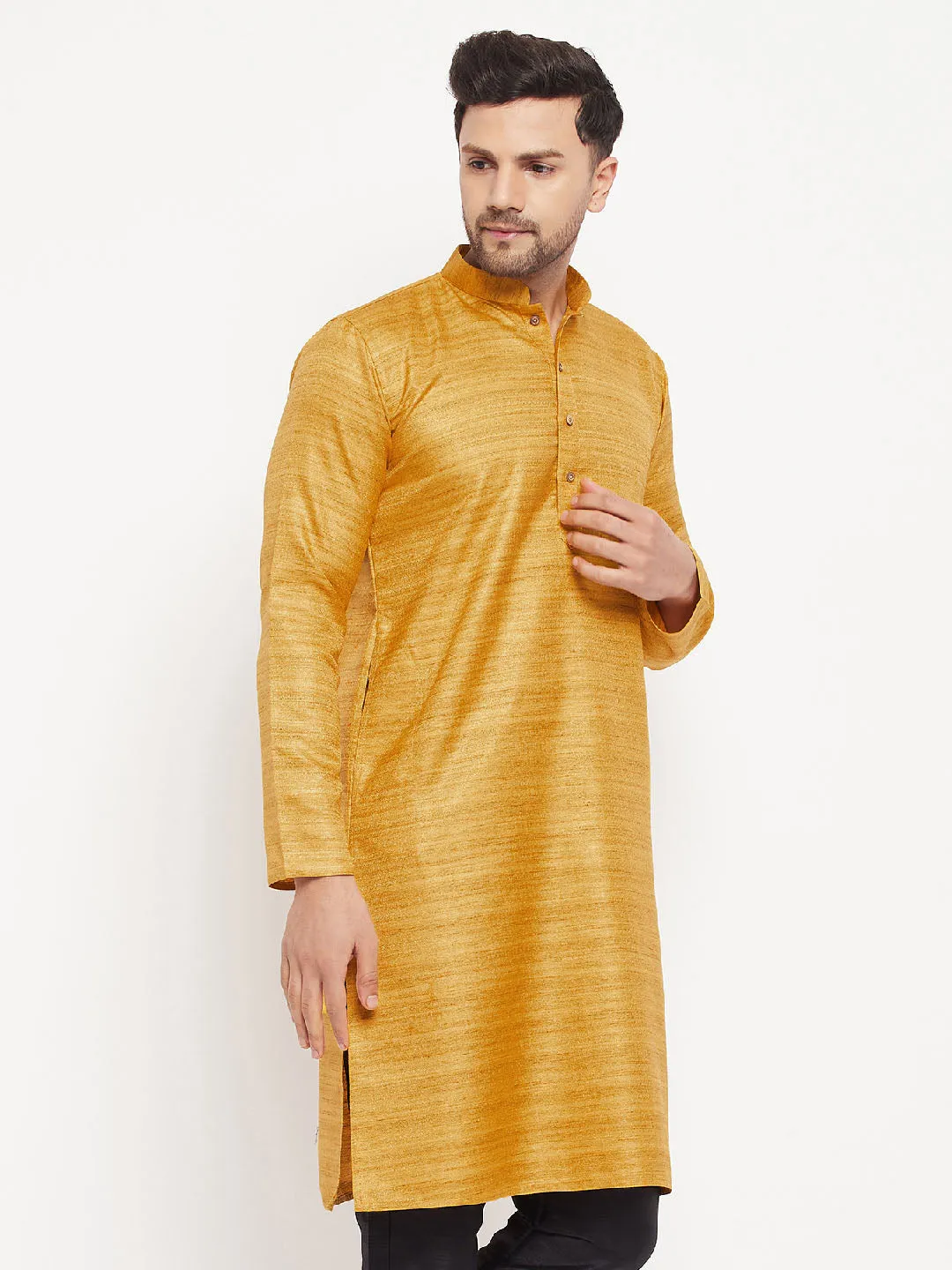 Jashvi Men's Yellow Matka Silk Kurta
