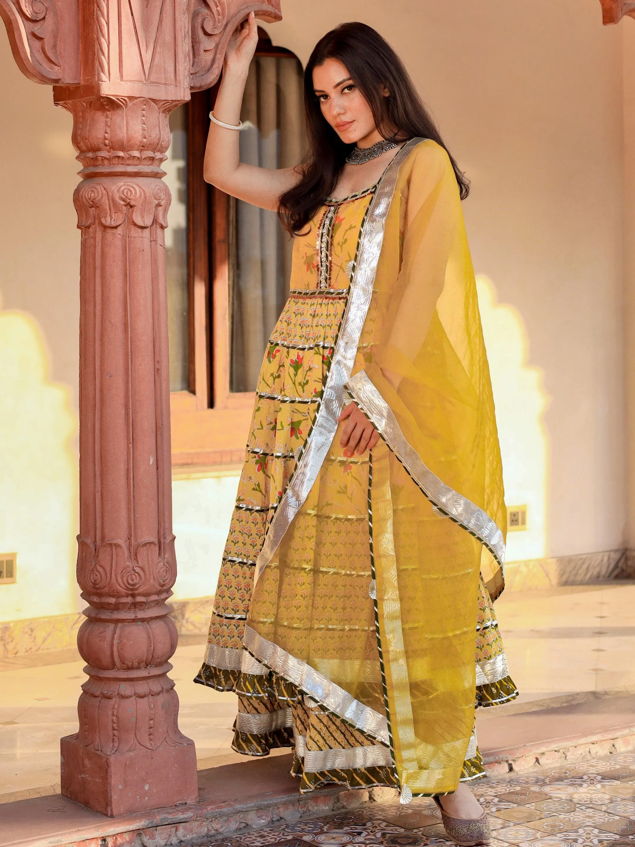 Jashvi Yellow Cotton Sleeves less anarkali Skirt Set With Dupatta