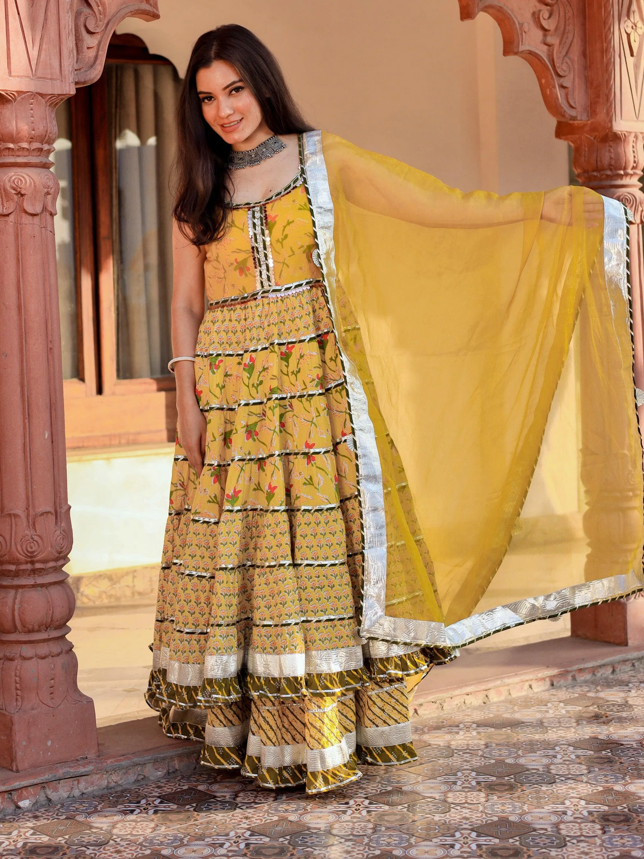 Jashvi Yellow Cotton Sleeves less anarkali Skirt Set With Dupatta
