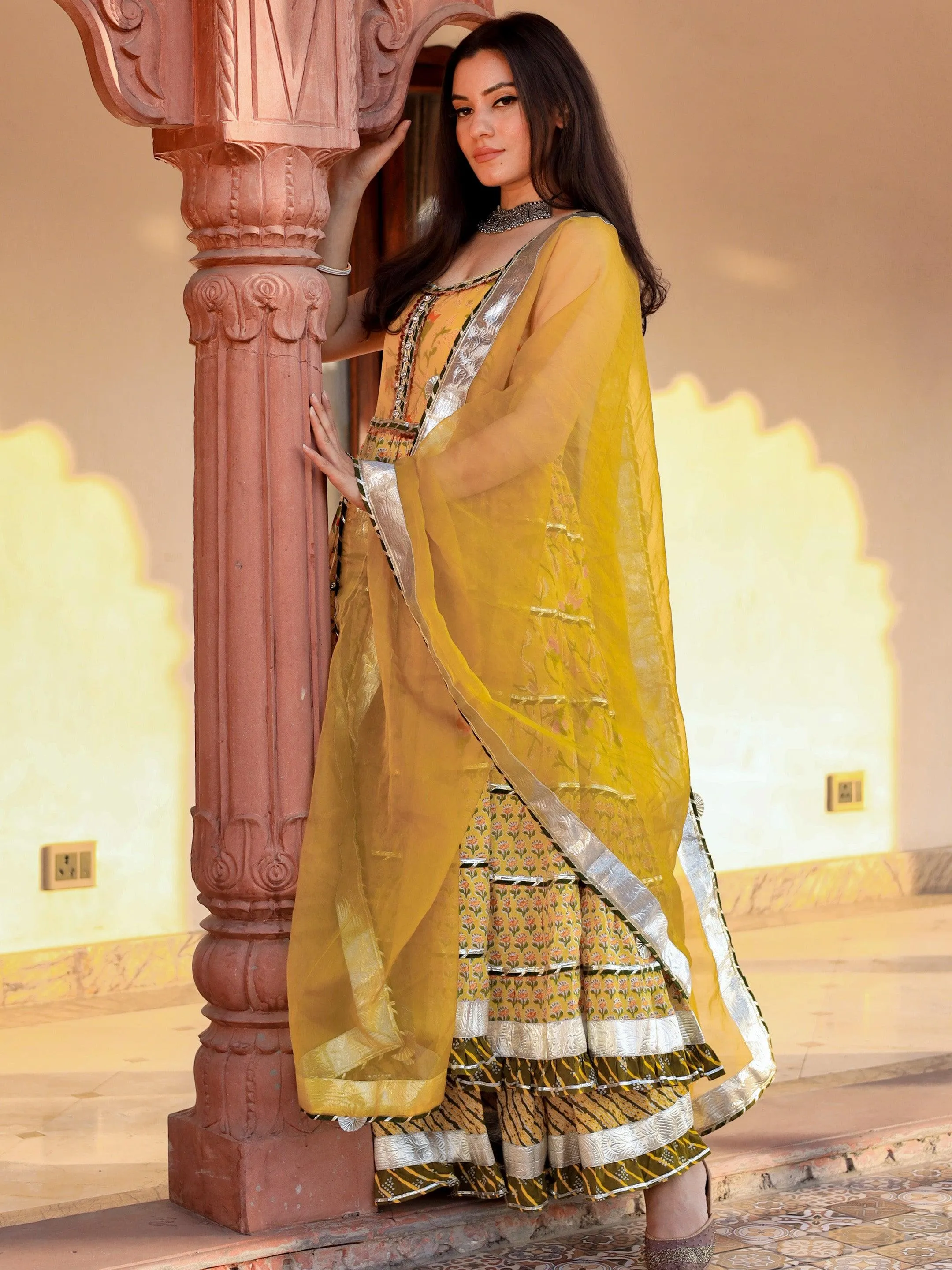 Jashvi Yellow Cotton Sleeves less anarkali Skirt Set With Dupatta