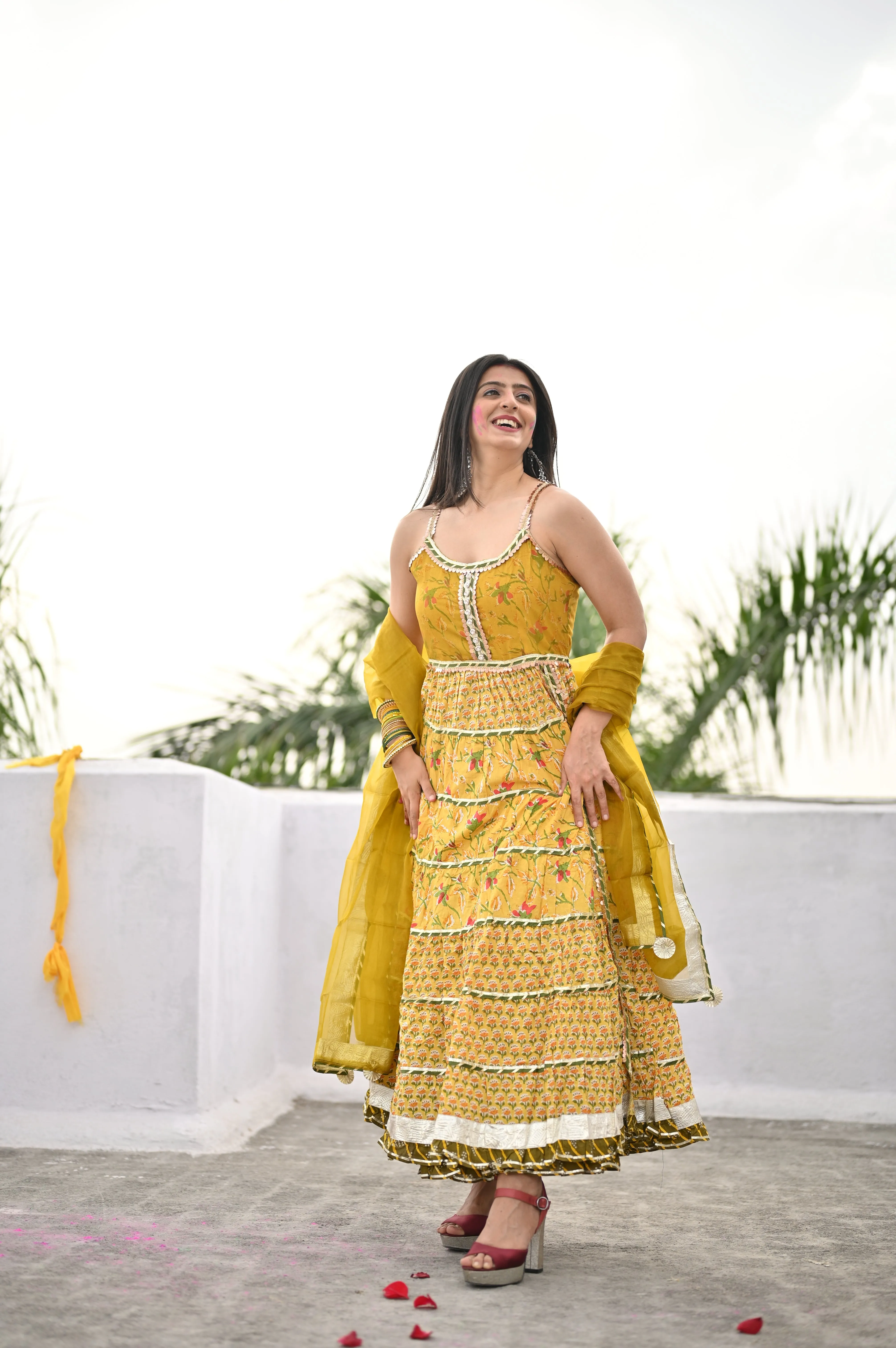 Jashvi Yellow Cotton Sleeves less anarkali Skirt Set With Dupatta