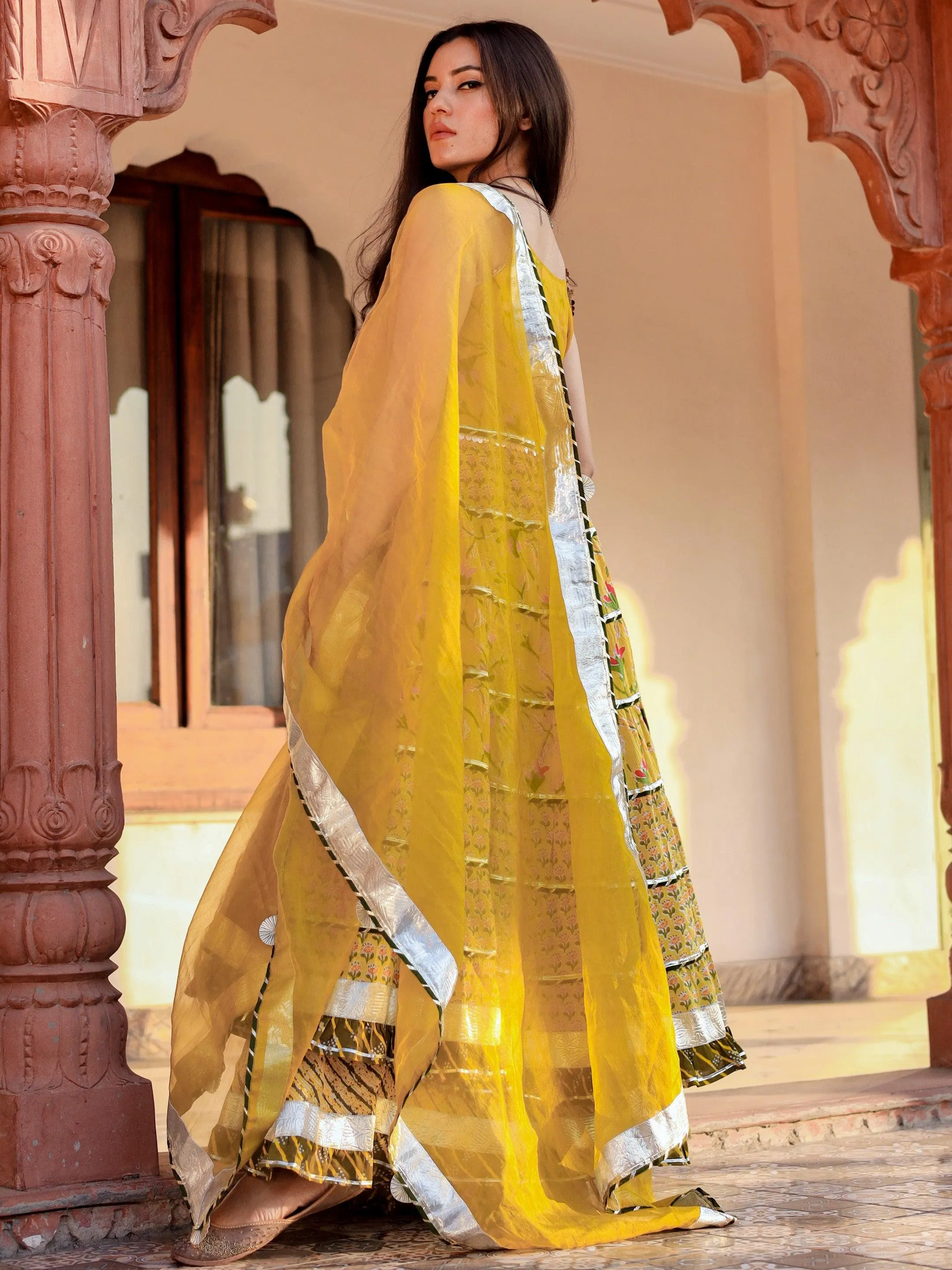 Jashvi Yellow Cotton Sleeves less anarkali Skirt Set With Dupatta