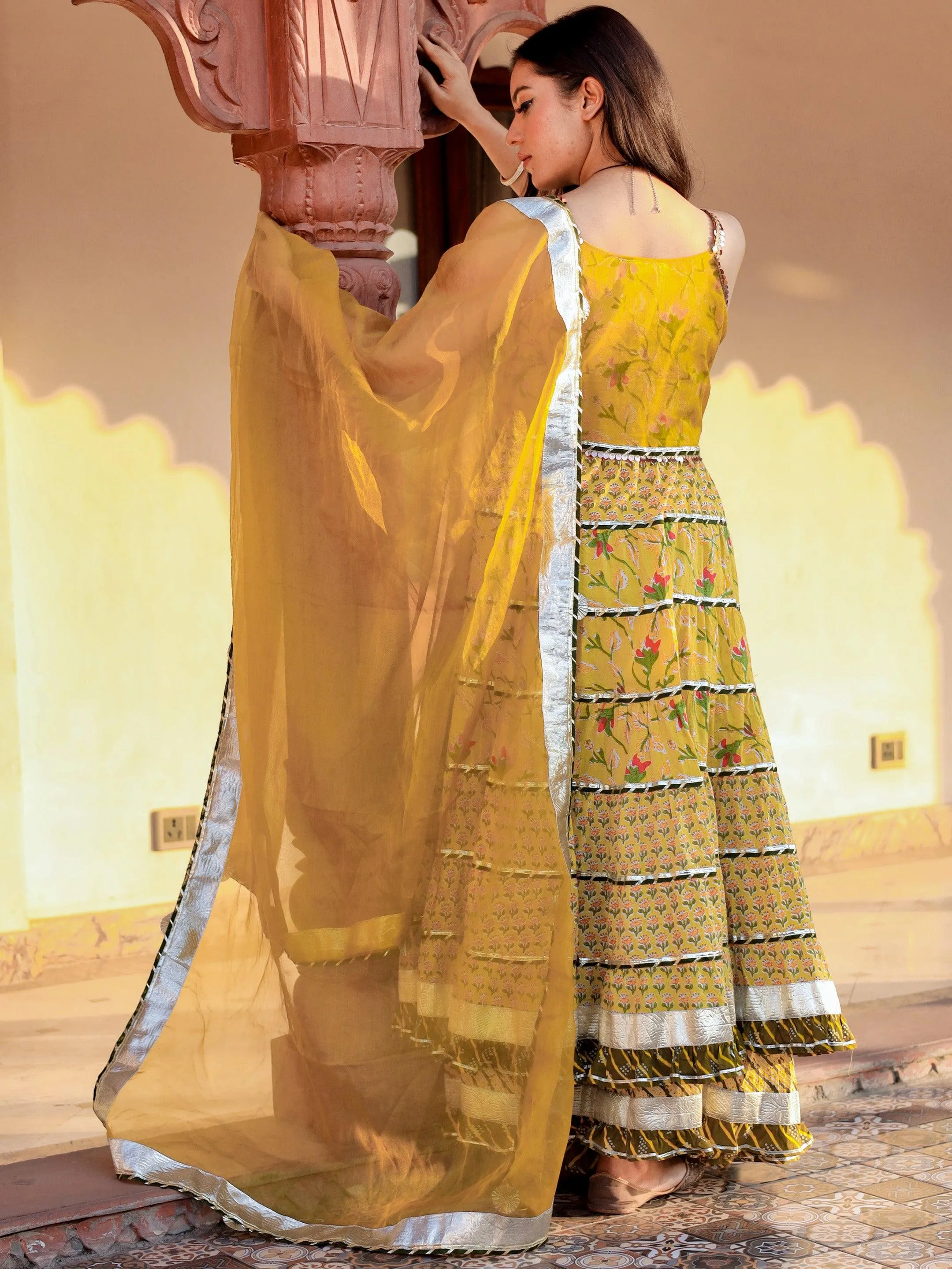 Jashvi Yellow Cotton Sleeves less anarkali Skirt Set With Dupatta