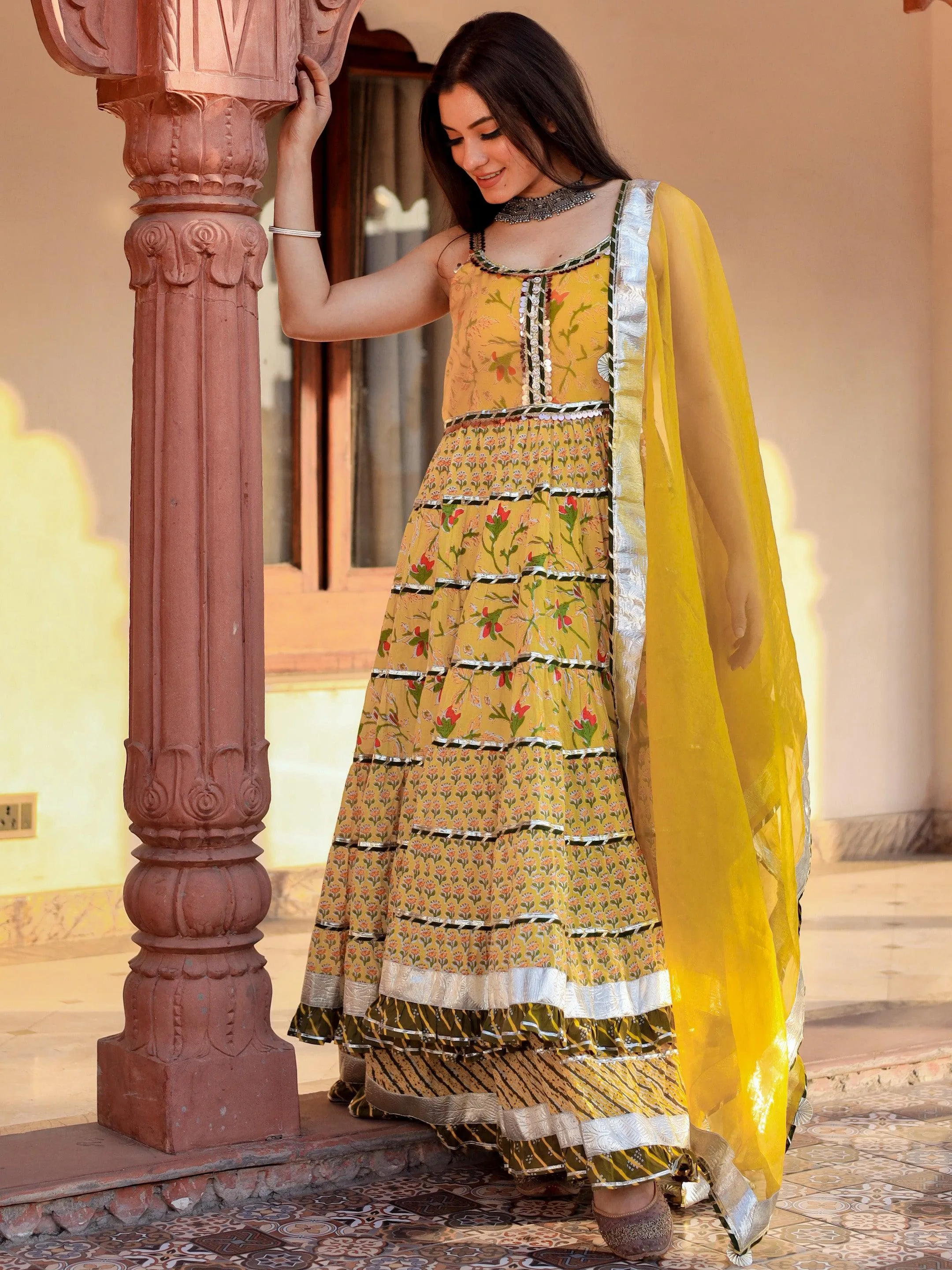 Jashvi Yellow Cotton Sleeves less anarkali Skirt Set With Dupatta