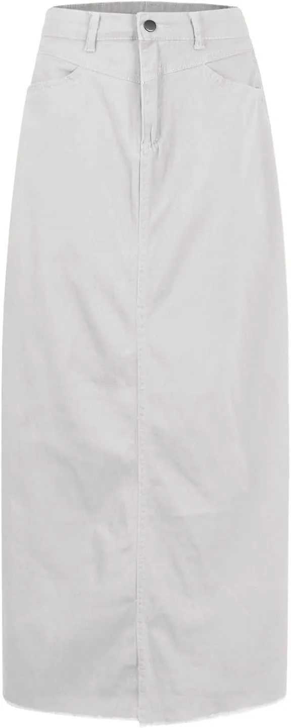 Jean Skirts for Women Denim Casual Y2k High Waisted Skirts Vintage Frayed Raw Hem Long Denim Skirt with Pockets