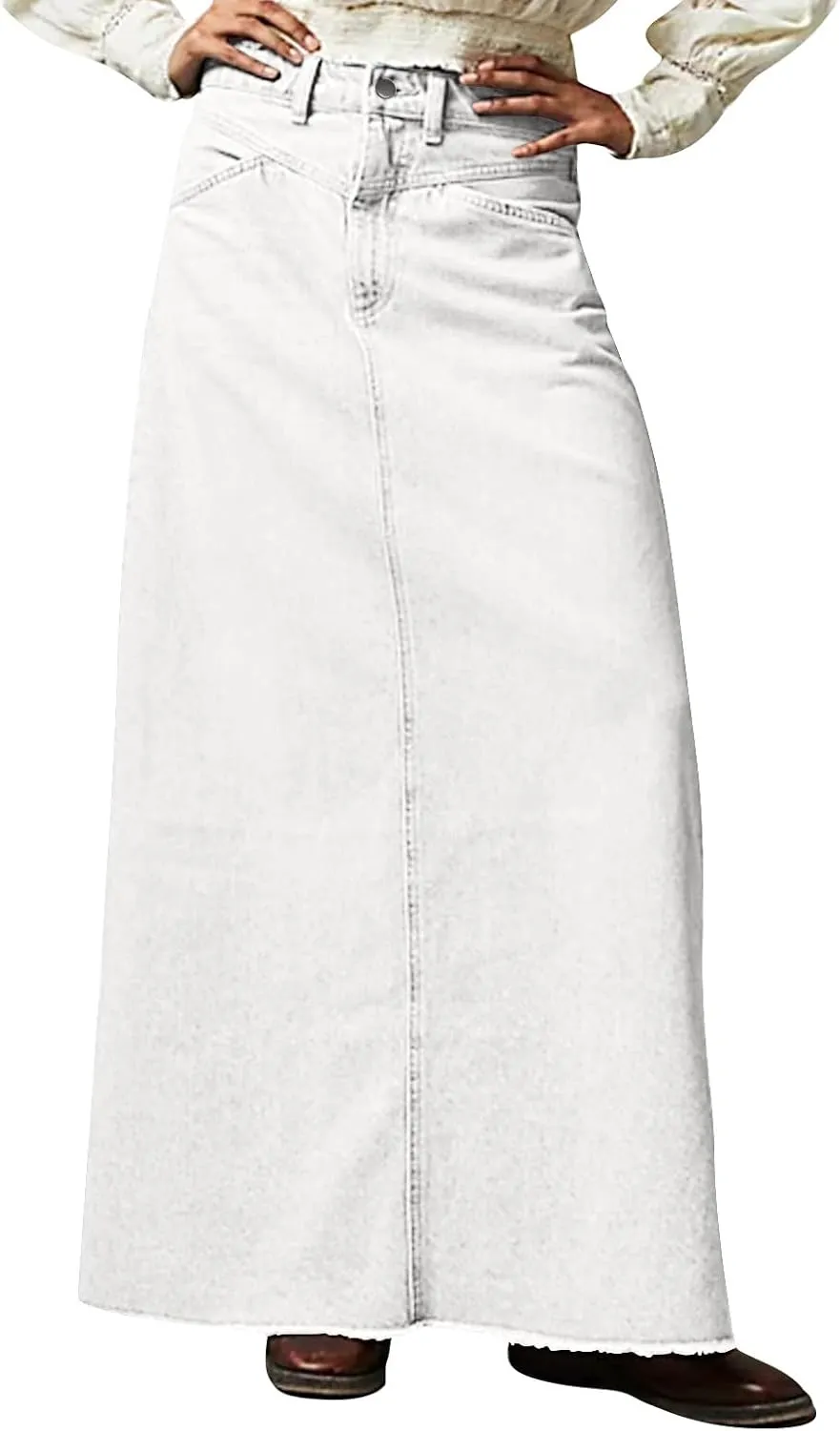Jean Skirts for Women Denim Casual Y2k High Waisted Skirts Vintage Frayed Raw Hem Long Denim Skirt with Pockets