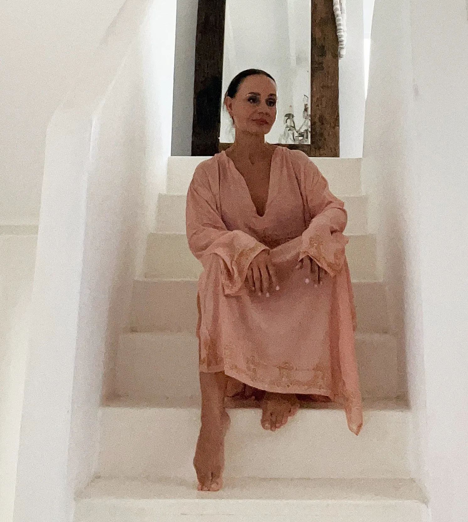 Kamaria Bamboo Silk Long Kaftan Dress-Coral