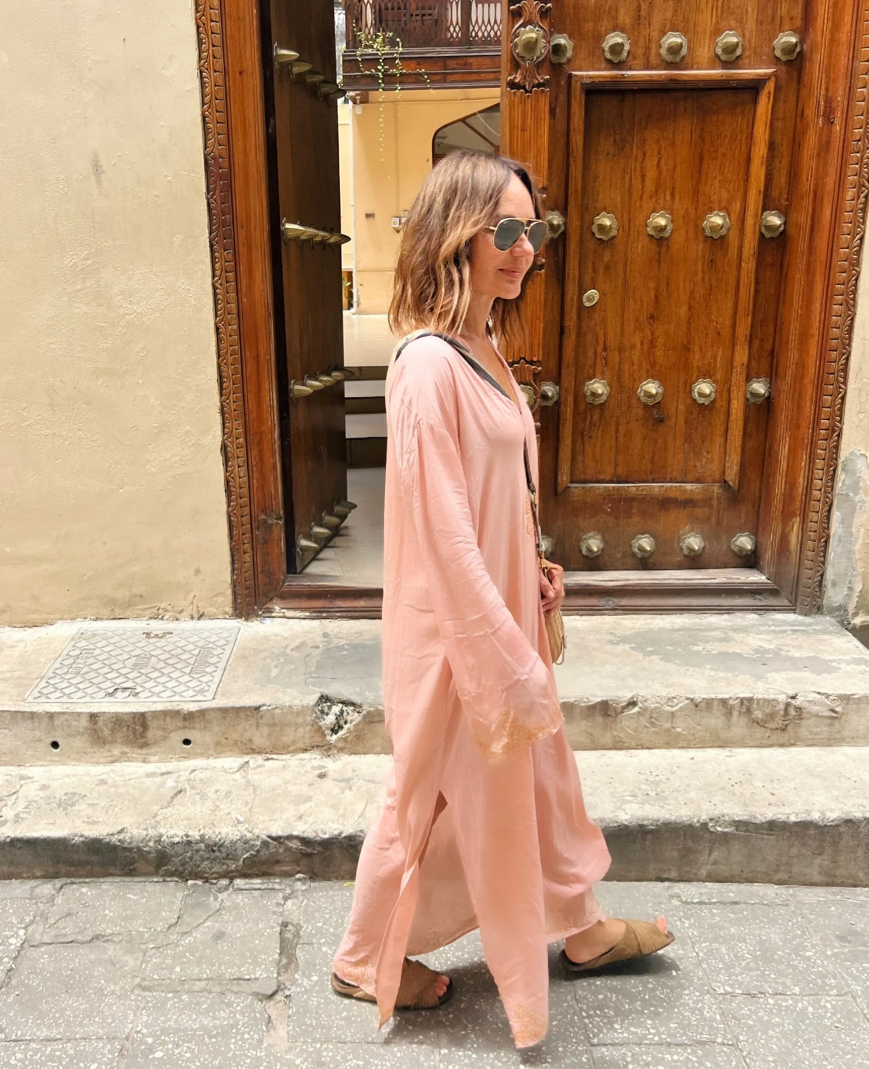 Kamaria Bamboo Silk Long Kaftan Dress-Coral