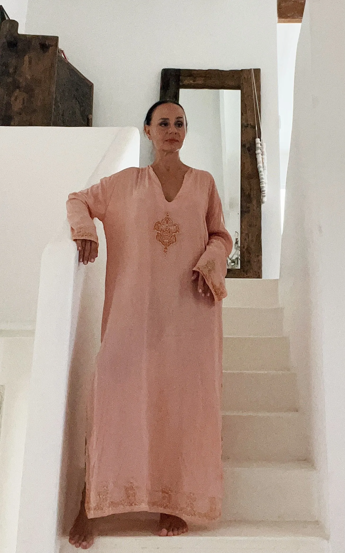 Kamaria Bamboo Silk Long Kaftan Dress-Coral