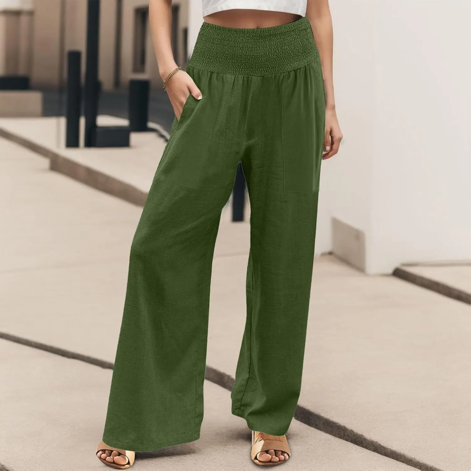 Khaki Linen Pants Women Wide Leg Flowy Breathable Friends' Gathering Beach Pants Spring Themed Party Casual Trousers