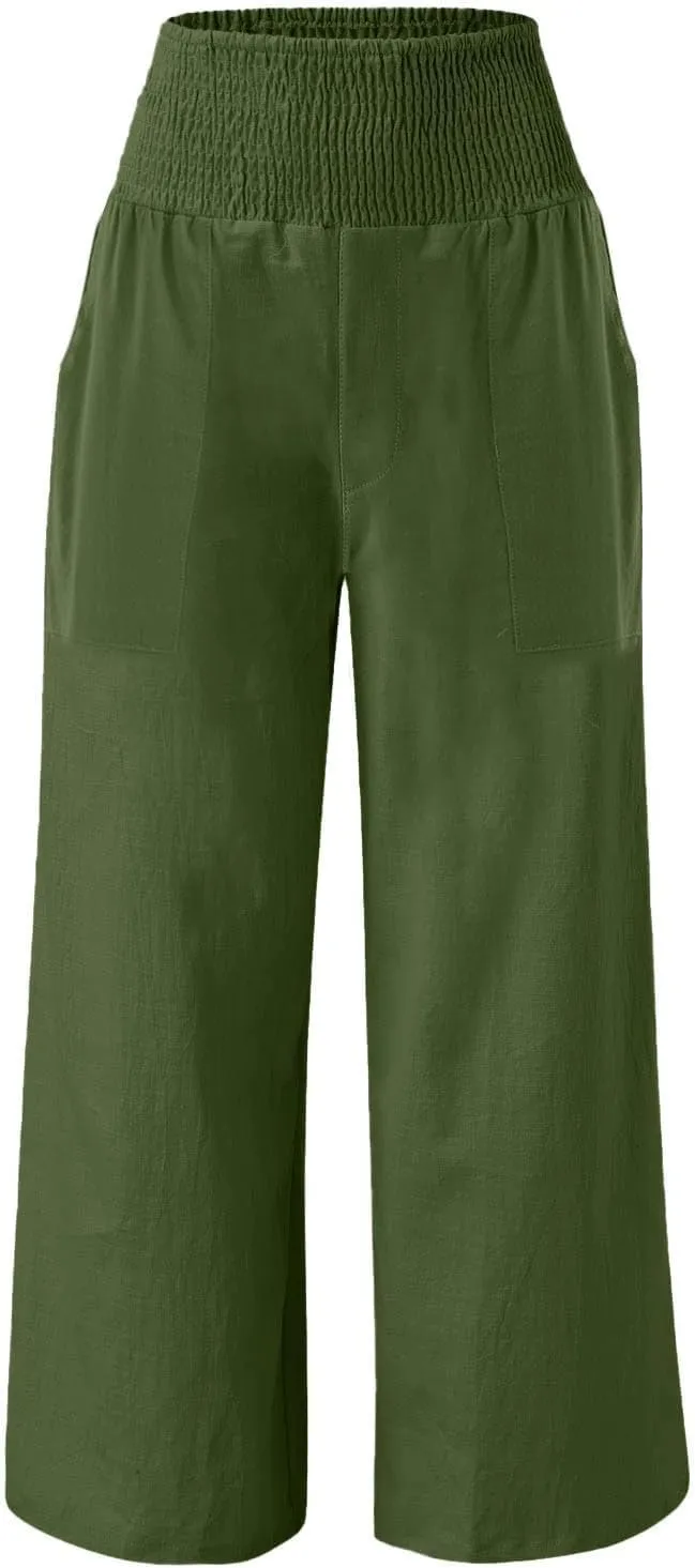 Khaki Linen Pants Women Wide Leg Flowy Breathable Friends' Gathering Beach Pants Spring Themed Party Casual Trousers