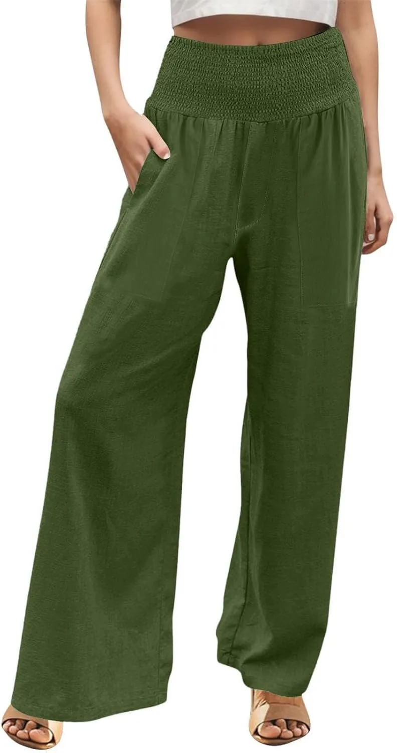 Khaki Linen Pants Women Wide Leg Flowy Breathable Friends' Gathering Beach Pants Spring Themed Party Casual Trousers