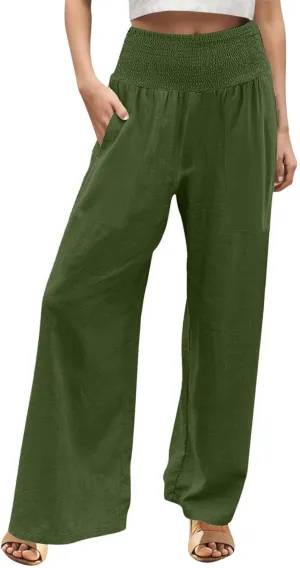 Khaki Linen Pants Women Wide Leg Flowy Breathable Friends' Gathering Beach Pants Spring Themed Party Casual Trousers